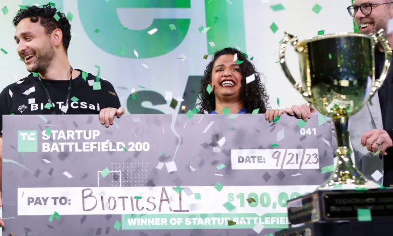 BioticsAI team celebrates winning Startup Battlefield 200 with confetti.