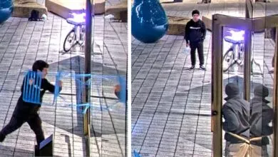 Two-panel image shows a person smashing a glass structure and another person standing nearby.