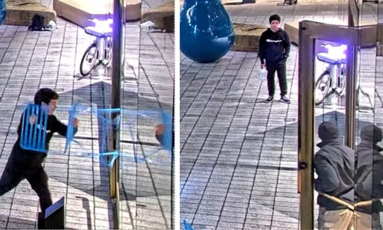 Two-panel image shows a person smashing a glass structure and another person standing nearby.