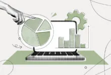 Stylized laptop with pie chart, bar graph, and gear icon for data analysis.