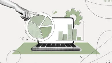 Stylized laptop with pie chart, bar graph, and gear icon for data analysis.