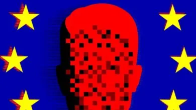 Abstract image of a pixelated red head silhouette on EU flag background.