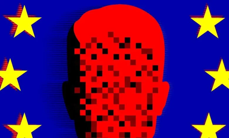 Abstract image of a pixelated red head silhouette on EU flag background.