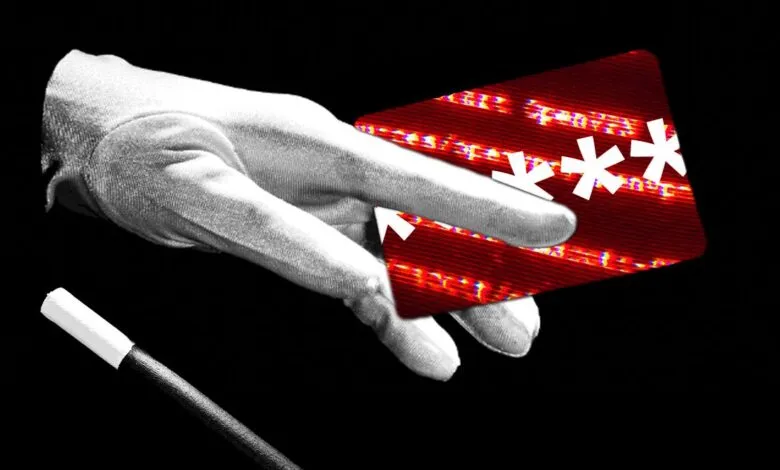 Gloved hand holding a distorted credit card with asterisks, magic wand nearby.