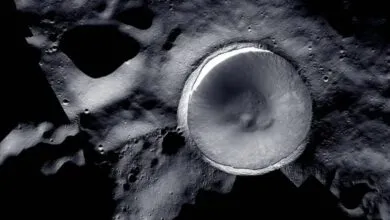Detailed view of Shackleton Crater on the Moon, showing its shadowed interior.