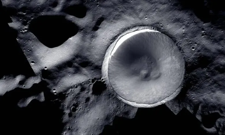 Detailed view of Shackleton Crater on the Moon, showing its shadowed interior.