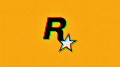 Rockstar Games logo with a glitch effect on a textured yellow background.