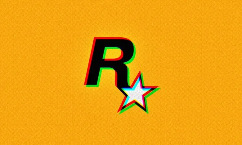 Rockstar Games logo with a glitch effect on a textured yellow background.