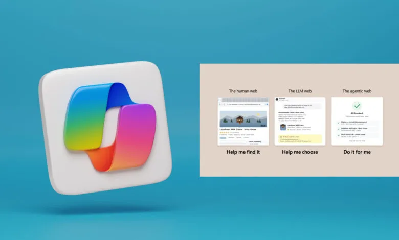 Abstract icon with colorful ribbon and three web interface examples.