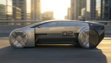 Futuristic silver and black concept car driving on a highway.