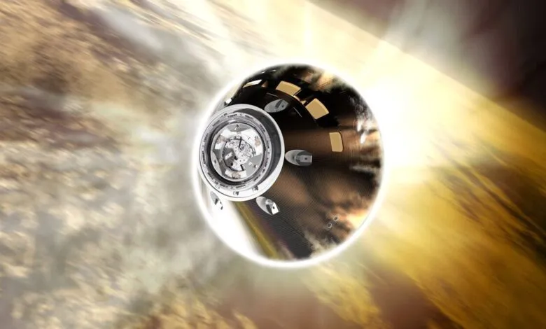 Space capsule re-entering Earth's atmosphere, surrounded by heat shield.