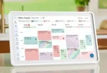 Digital calendar displaying family schedule with colorful events and reminders.
