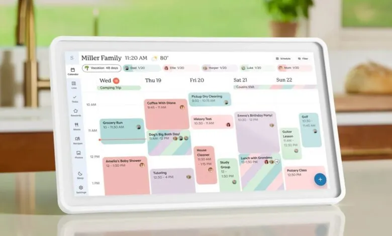 Digital calendar displaying family schedule with colorful events and reminders.