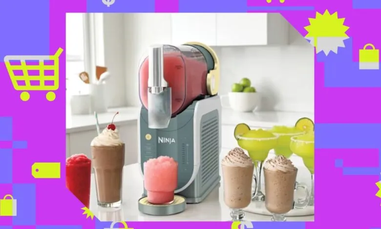 Ninja Creami machine with frozen drinks and colorful background.