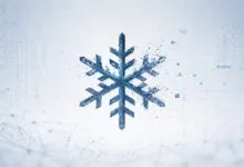 Digital snowflake design with binary code and network connections.