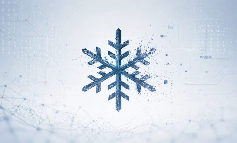 Digital snowflake design with binary code and network connections.