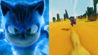Split screen: Sonic the Hedgehog close-up and gameplay footage.