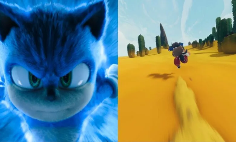 Split screen: Sonic the Hedgehog close-up and gameplay footage.