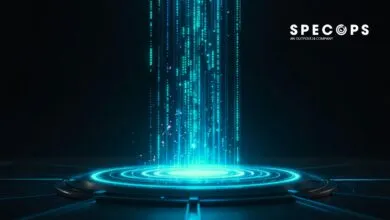 Abstract digital portal with glowing blue code and platform.