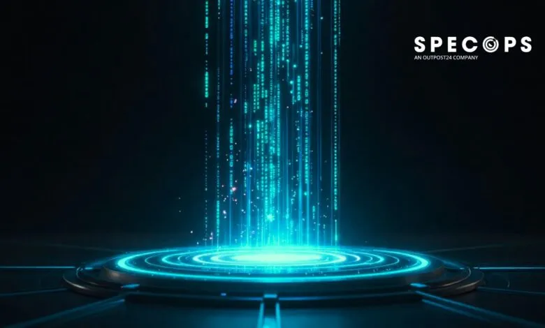 Abstract digital portal with glowing blue code and platform.