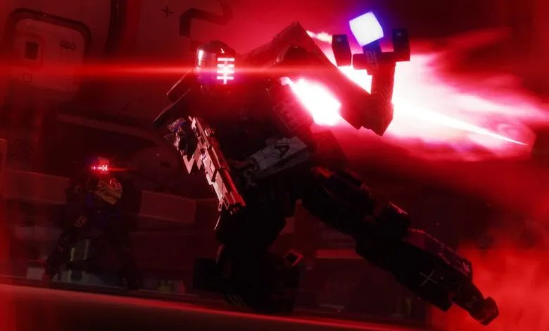 Two armored figures engage in combat, bathed in intense red light.