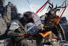 Two armored figures clash swords amidst crumbling stone ruins, sparks flying.