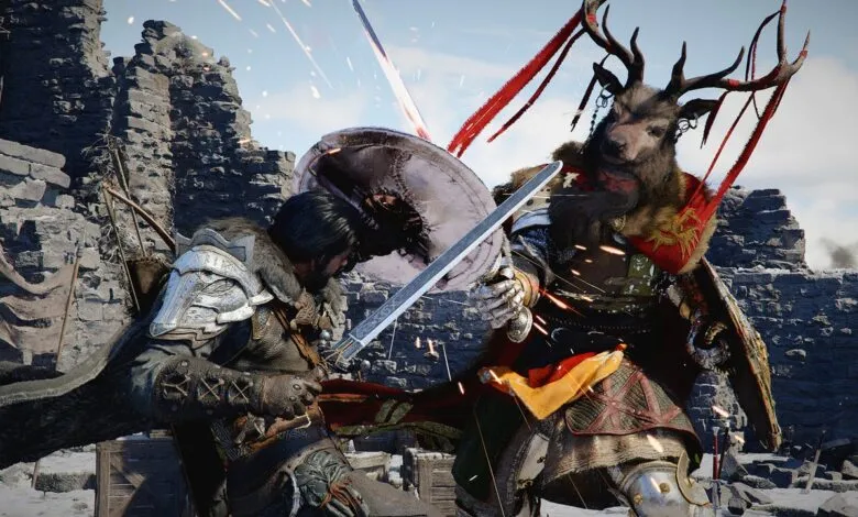 Two armored figures clash swords amidst crumbling stone ruins, sparks flying.