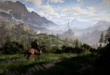 A knight on horseback surveys a vast landscape with mountains and a distant castle.