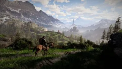 A knight on horseback surveys a vast landscape with mountains and a distant castle.