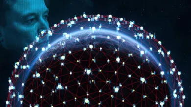 Earth surrounded by a digital network, with Elon Musk's face in the background.