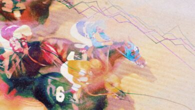 Horse race with jockeys, numbers visible, overlaid with graph lines.