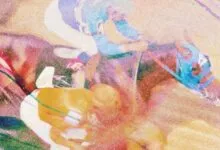 Abstract, grainy image of a horse race with jockeys in colorful attire.