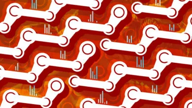 Repeating Steam logo pattern on orange background with bar graph elements.