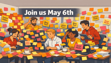 Cartoon office scene with team members surrounded by sticky notes, promoting an event on May 6th.