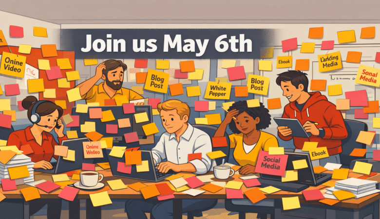 Cartoon office scene with team members surrounded by sticky notes, promoting an event on May 6th.