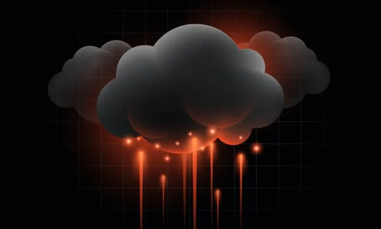 Dark cloud with orange beams on a black grid background.