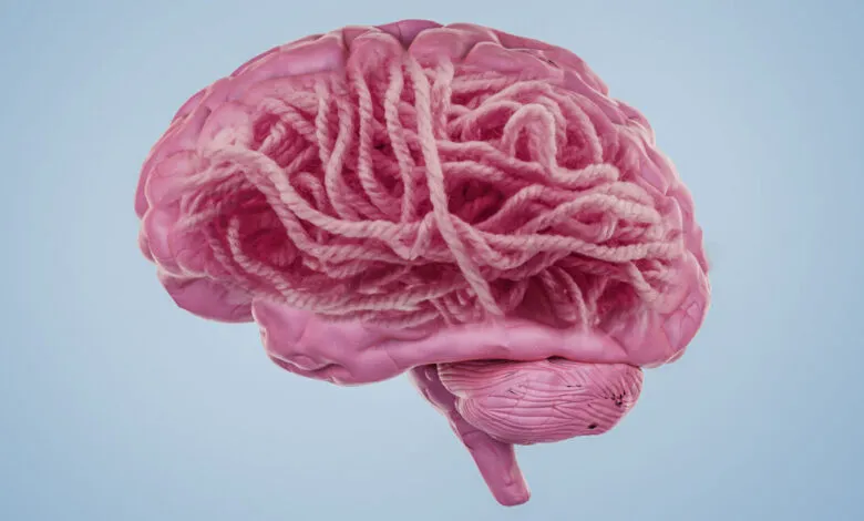 Pink brain with yarn tangled inside, symbolizing mental complexity.