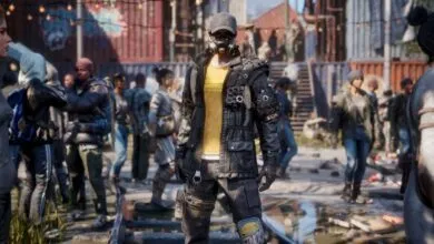 Character in post-apocalyptic setting with gas mask and detailed outfit stands out in a crowd.