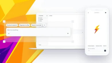 Thunderbolt app interface on laptop and phone, featuring chat and file organization.