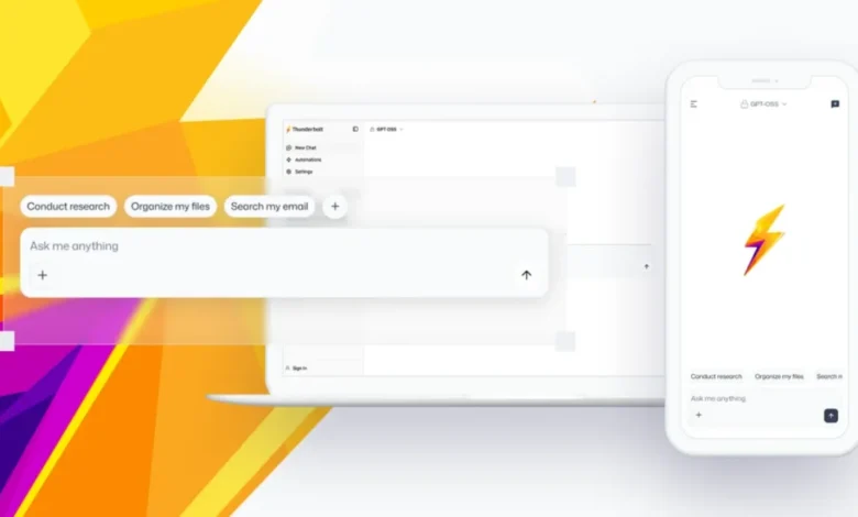 Thunderbolt app interface on laptop and phone, featuring chat and file organization.
