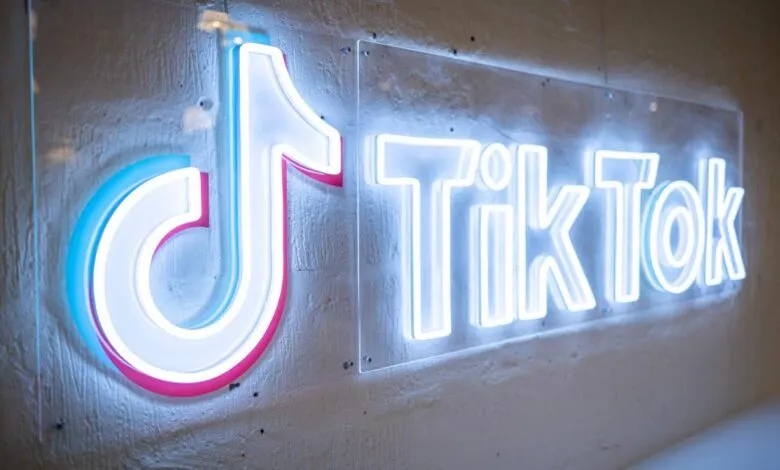 Illuminated TikTok logo sign with neon-style lighting on a textured wall.
