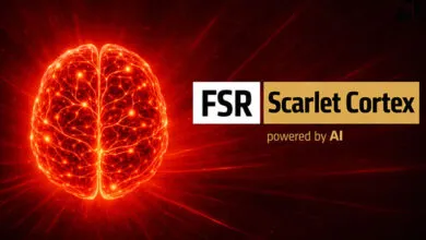 Red brain graphic with glowing neural pathways next to 'FSR Scarlet Cortex powered by AI' text.