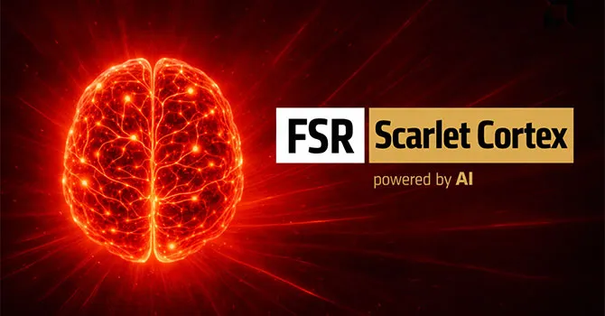 Red brain graphic with glowing neural pathways next to 'FSR Scarlet Cortex powered by AI' text.