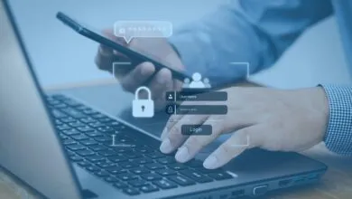 Login screen overlayed on laptop and phone, emphasizing cybersecurity.