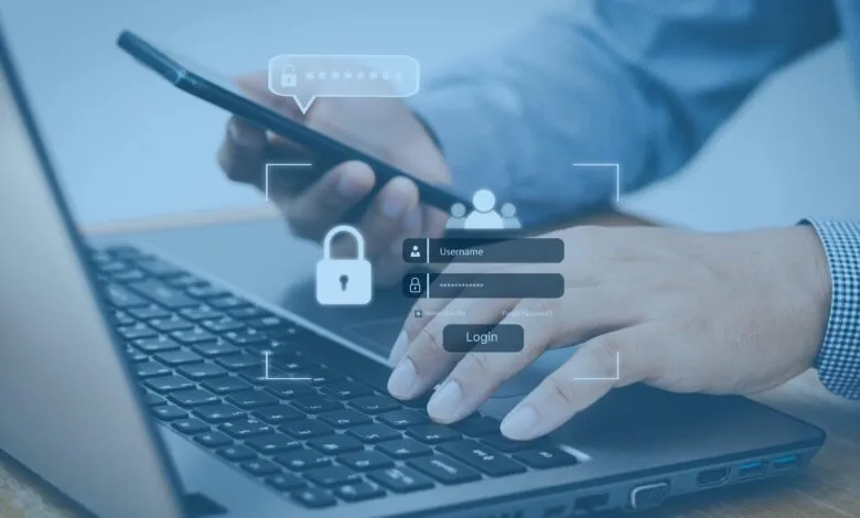 Login screen overlayed on laptop and phone, emphasizing cybersecurity.