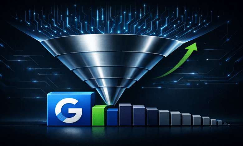 Funnel with Google logo and rising bar graph, digital marketing concept.