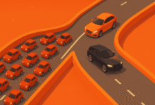 Orange cars in traffic jam, black car takes alternate route.