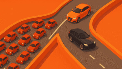 Orange cars in traffic jam, black car takes alternate route.