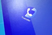 Truecaller app icon on a blue background.