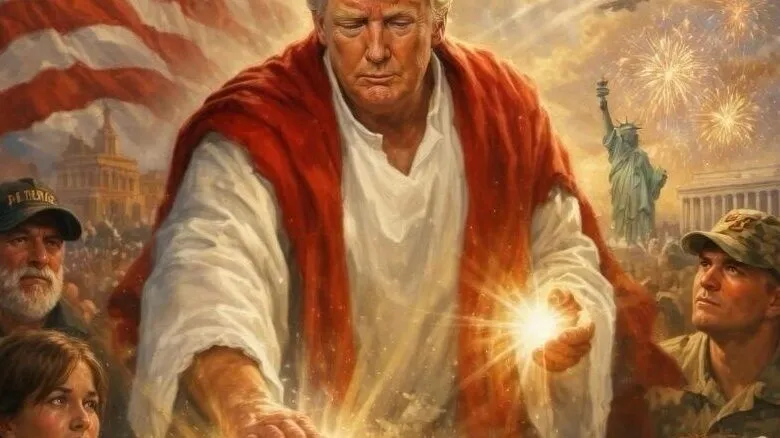 Painting of Donald Trump as Jesus with patriotic symbols and military personnel.